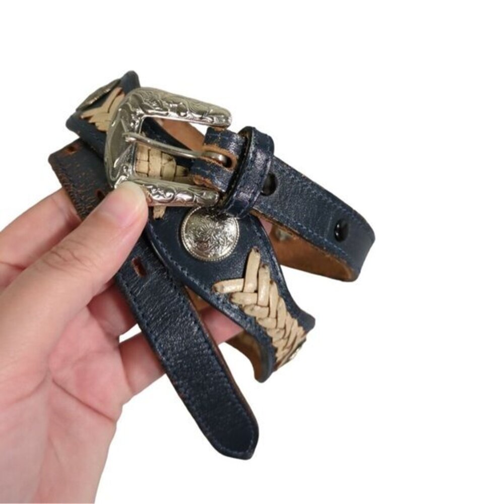 Dan Dee Womens Western Boho Leather Belt 28 Blue Braided Concho Engraved Buckle - Picture 2 of 9